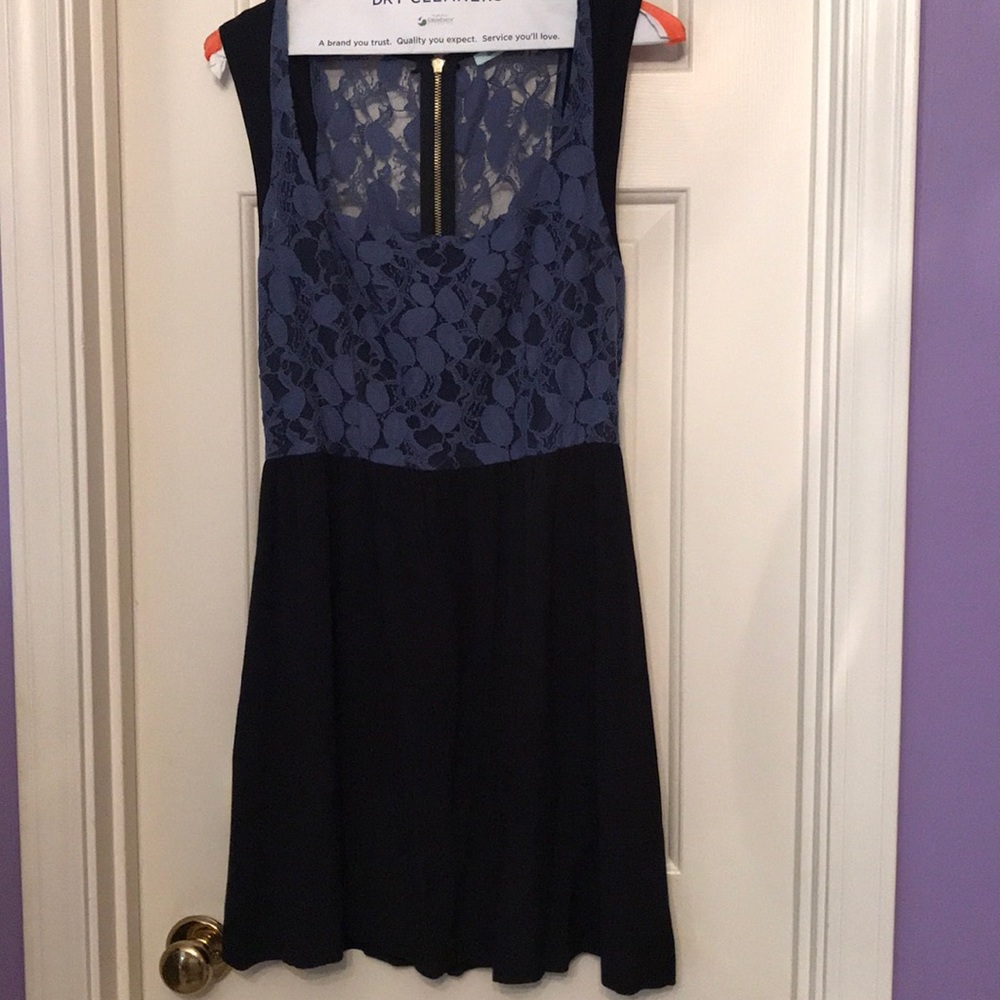 Blue lace and black mini dress with zipper back